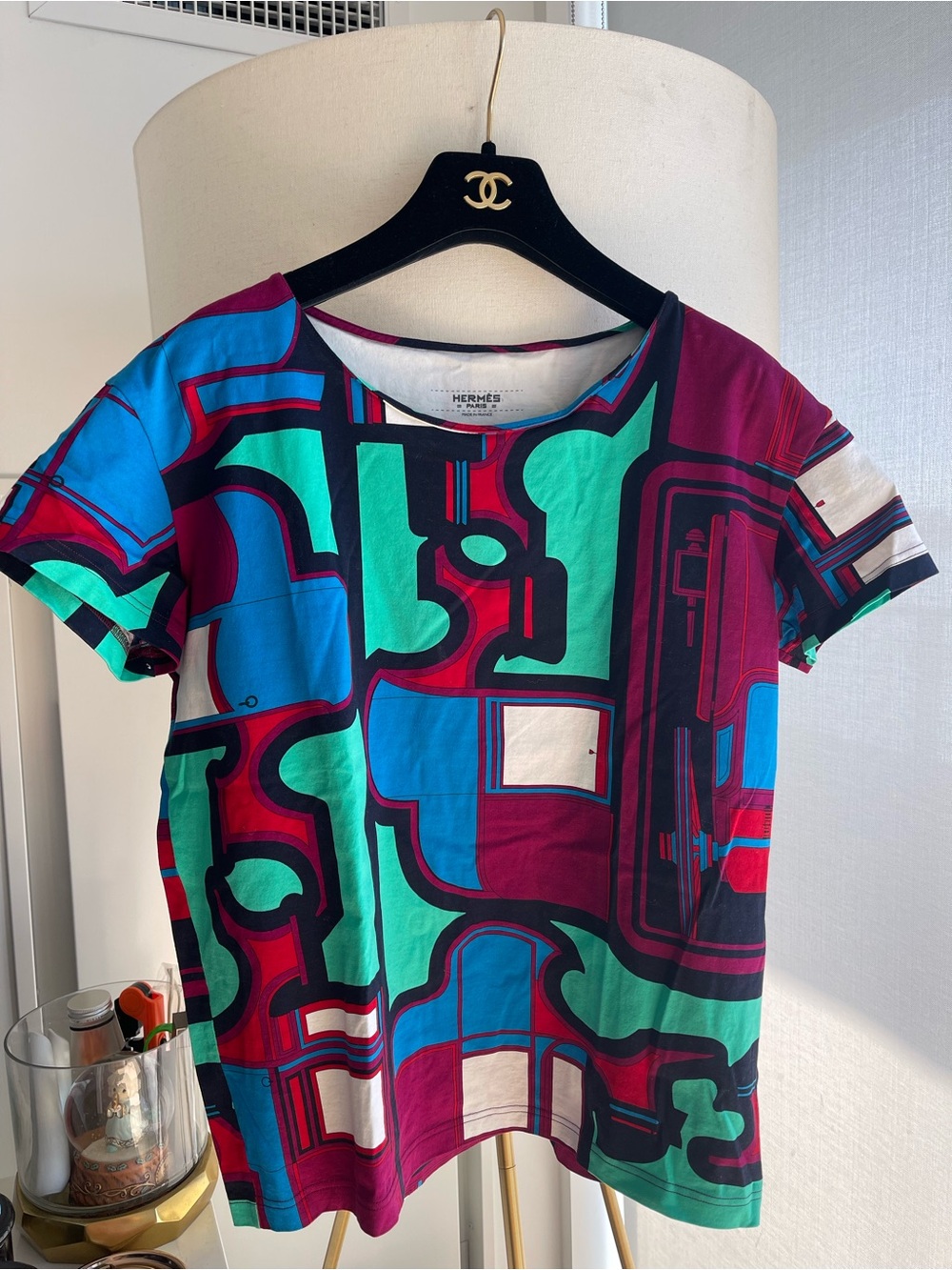 Hermes Multicolor Geometric Short Sleeve Tee - Teal, Blue, Burgundy, White